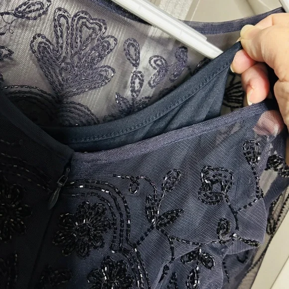 🥂 Aidan Mattox New Beaded Organza Formal Dress Navy Blue Size 6 - Picture 8 of 14